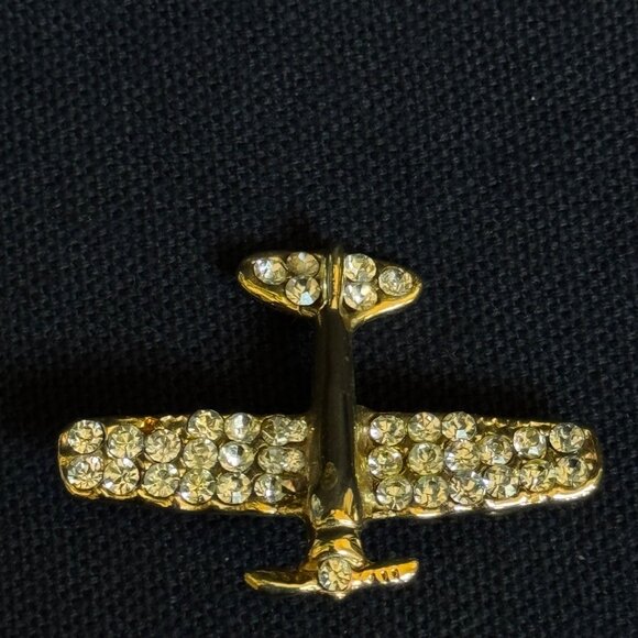 Gold-Tone Airplane Brooch Clear Rhinestones Vintage-Inspired Pin-Back Closure - Picture 7 of 8